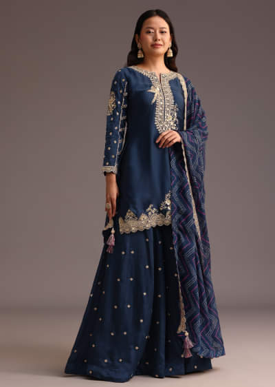 Blue Zari Work Palazzo Suit With Organza Dupatta