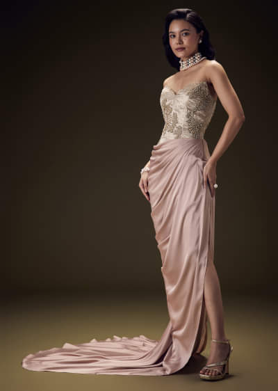 Blush Peach Embroidered Brocade Corset Gown With Drape And Side Slit