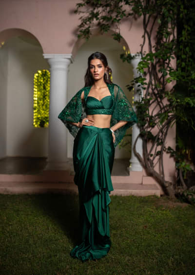 Bottle Green Net Hand Work Fusion Draped Skirt Set