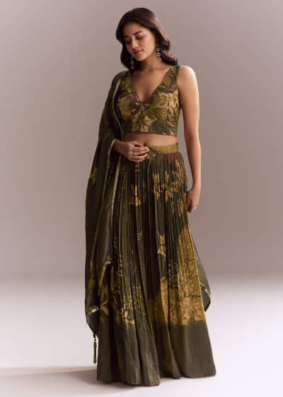 Bottle Green Tissue Lehenga Choli With Floral Print