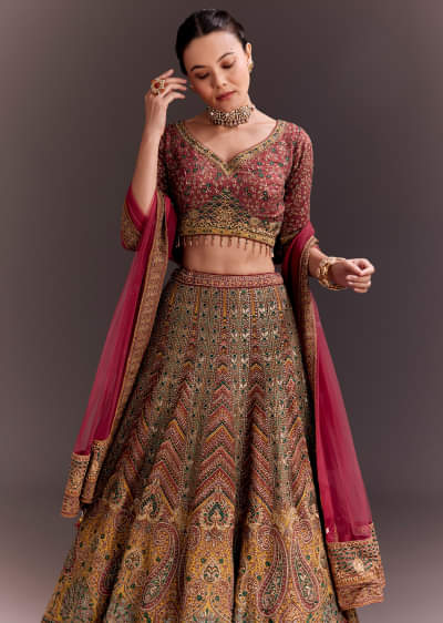 Brick Red Embroidered Lehenga Set