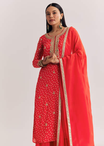 Bright Orange Bandhani Kurta Palazzo Suit With Sequins And Zardosi Work