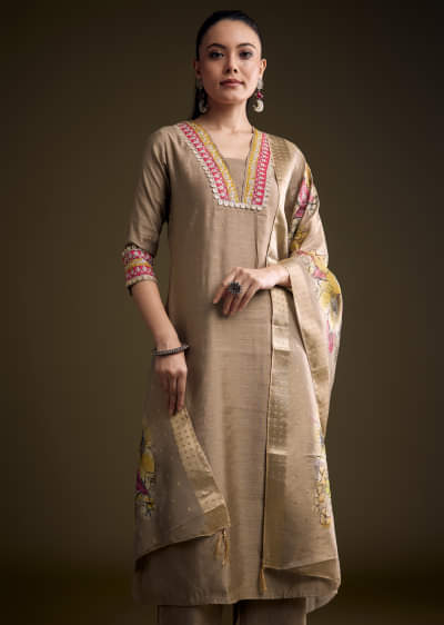 Brown Silk Kurta Set With Zari And Gota Work