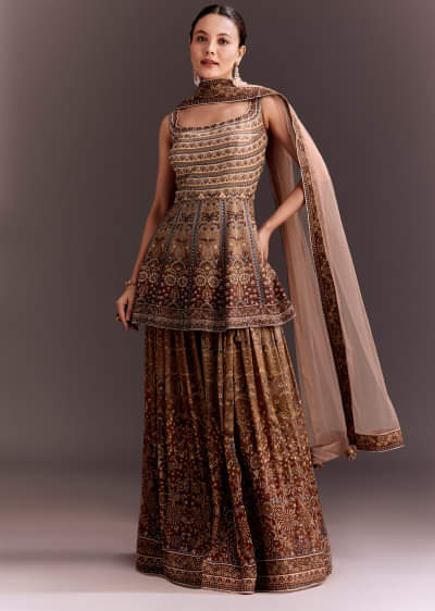 Brown Embroidered Palazzo Set With Peplum Kurta