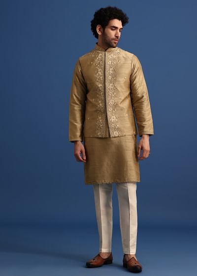 Buy Beige Thread Embroidered Silk Kurta Jacket Set For Men