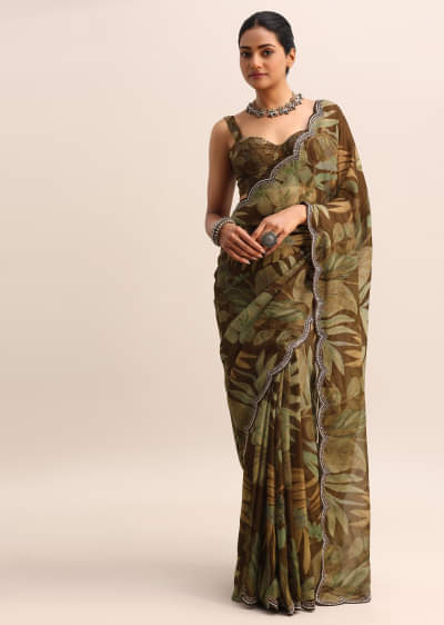 Brown Leaf Printed Soft Organza Saree With Embroidered Border