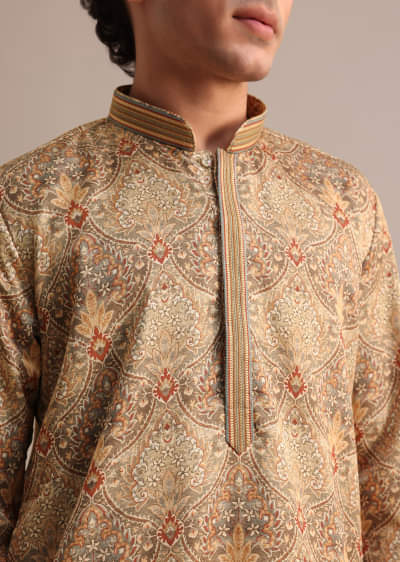 Brown Satin Printed Kurta Set For Men