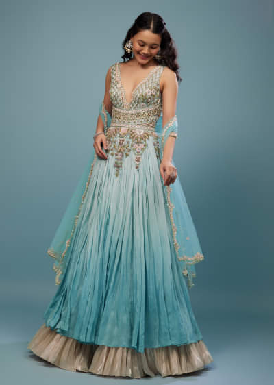 Mint Blue Embroidered Anarkali Suit In Crepe