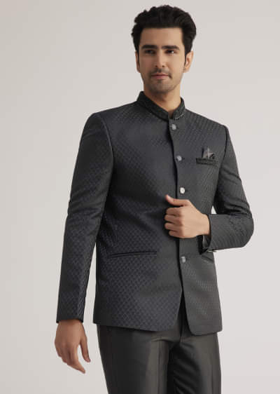 Black Jodhpuri Suit With Embellished Collar