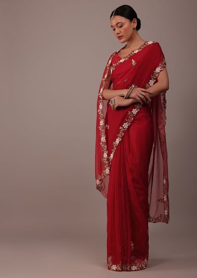 Buy Cherry Red organza Saree with Gotta Patti Border Online