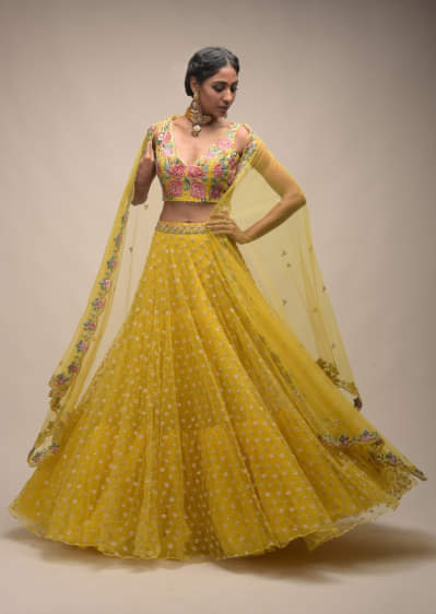 Citrus Lehenga And Crop Top With Resham Embroidered Spring Blossoms 