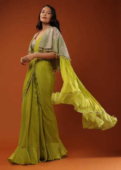 Citrus Green Pre Stitched Crepe Saree with Net Cape and V-Neck Crop Top