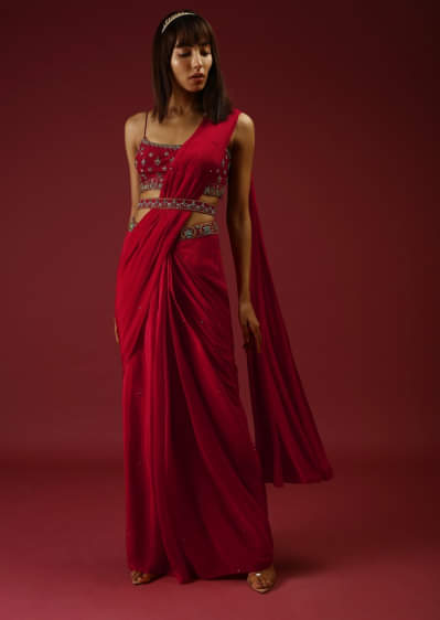 Cranberry Red Ready To Wear Saree With A Multicolored Hand Embroidered Blouse And Belt
