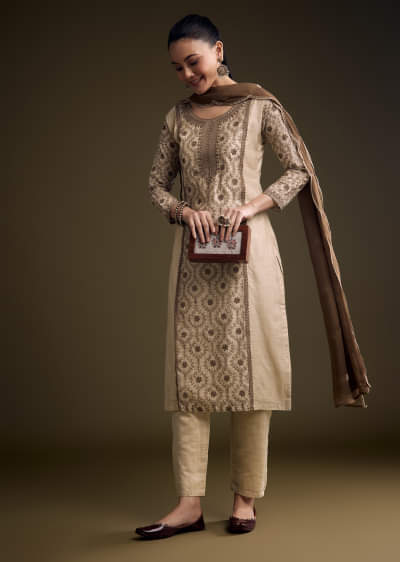 Cream Khadi Kurta Set With Thread Embroidery