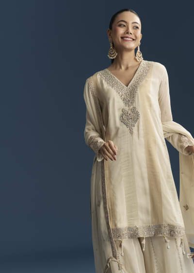Cream Organza Palazzo Suit With Zari And Mirror Work