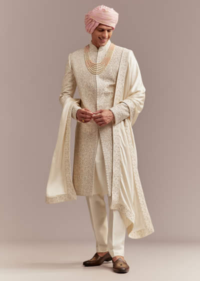 Cream Silk Sherwani For Groom With Floral And Geometric Embroidery