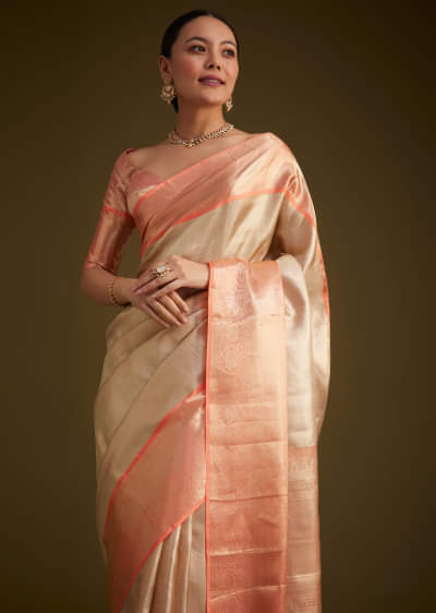 Cream Kanjivaram Silk Saree With Contrast Border And Pallu