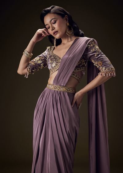 Buy Yellow Pre Draped Skirt With Embroidered Corset Blouse