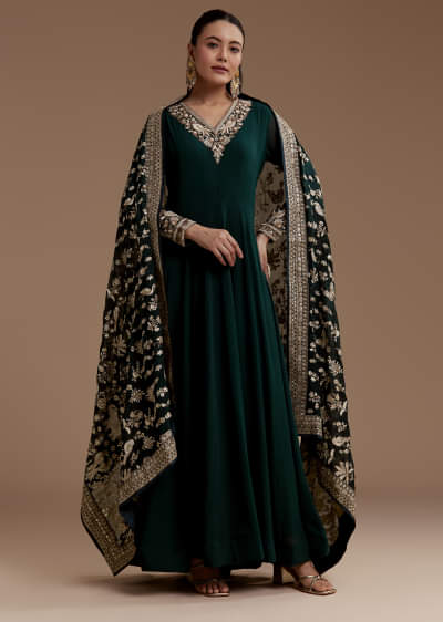 Dark Green Anarkali Set with Sequin Work