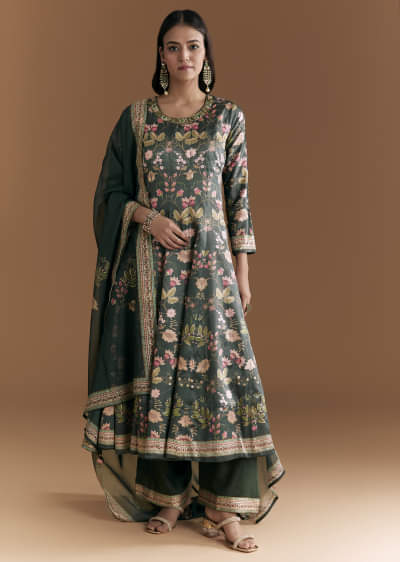 Dark Green Silk Anarkali Suit With Floral Print