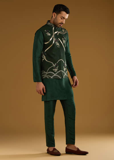 Dark Green Silk Kurta Jacket Set For Men With Gota Work