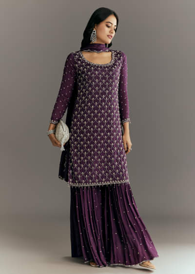 Dark Purple Chinon Sequin Work Kurta Sharara With Dupatta