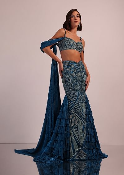 Buy Beige Hand Embroidered Blouse And Drape Skirt With Cape