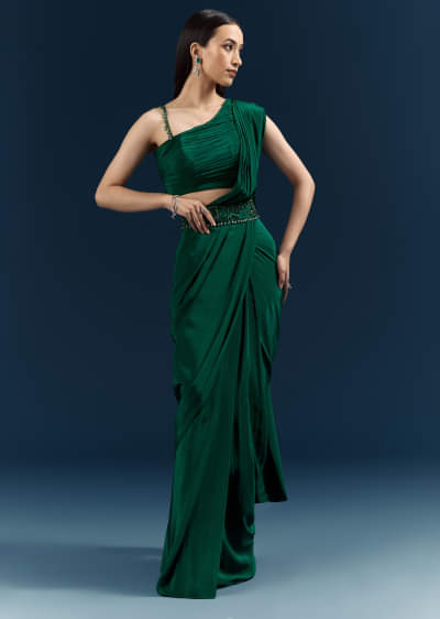 Dark Green Crepe Ready Pleated Saree With Heavy Embroidery