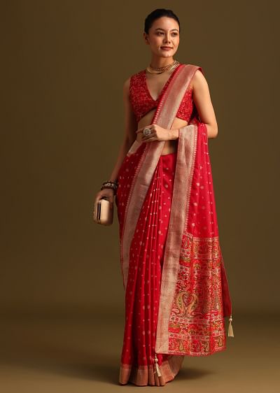 Buy Dola Silk Red Bandhani Saree With Zari Border Pallu And Buy Dola Silk Red Bandhani Saree With Zari Border Pallu And