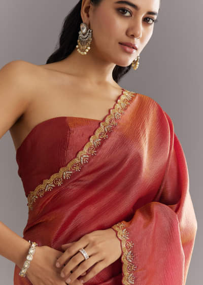 Dusky Brown Crushed Tissue Saree With Stones Cutdana Embroidered Scallop Border