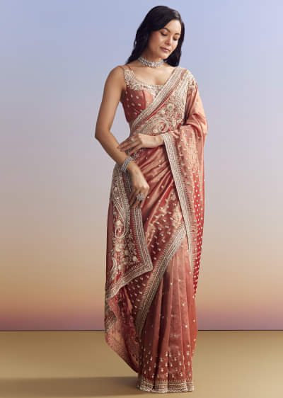 Dusky Orange Tissue Saree With Dense Embroidery