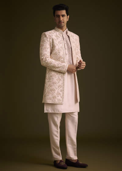 Cream Embroidered Sherwani With Thread And Sequin Work