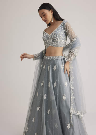 Dusty Blue Embroidered Lehenga Set With Sheer Dupatta