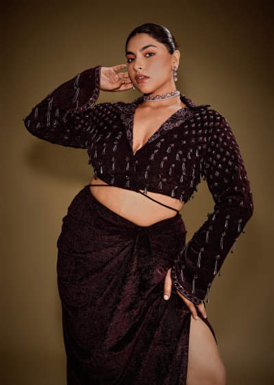 Embroidered Wine Velvet Blazer Blouse With Tassels And Draped Skirt 