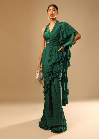Emerald Green Ready Pleated Ruffle Saree With A Halter Neck Blouse And 3D Embroidered Belt  