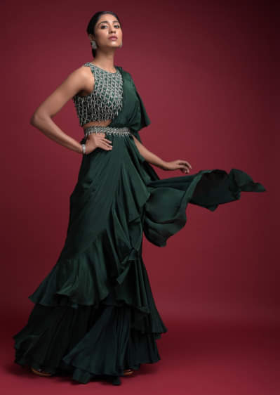 Emerald Green Saree In Crepe With Ruffled Pallu And Layered Ruffles On The Pleats  