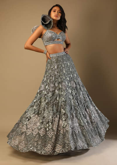 Buy Sage Green Lehenga In Net With Flower Sequin Buttis And