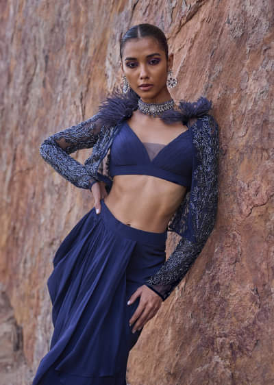 Buy Hand Embroidered Blouse And Drape Skirt With Cape