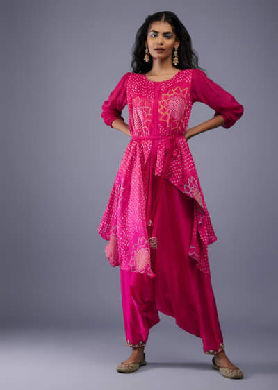 Fuschia Pink Gajji Silk Attached Shrug With Silk Jumpsuit