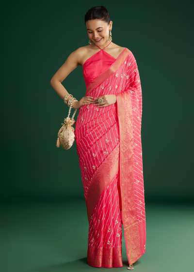 Gajari Dola Silk Saree With Floral Embroidery And Lehariya Print