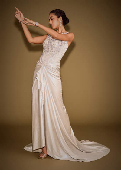 Gold Corset Embellished Gown With Sheer Drape And 3D Floral Detailing