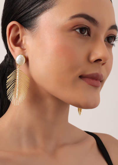 Gold And White Feather Pattern Danglers With Mother Of Pearls