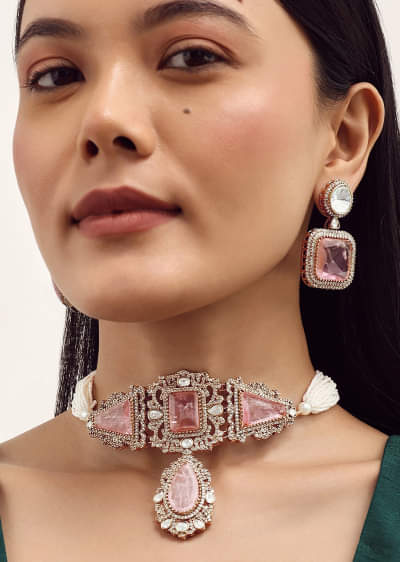 Gold Finish Choker Set With Pink Polki Stone Work In Mix Metal
