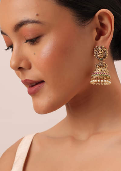 Gold Finish Temple Jhumkas With Meenakari Work And Carved Motifs