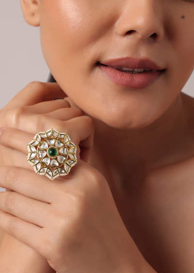 Gold Floral Motif Kundan Studded Ring