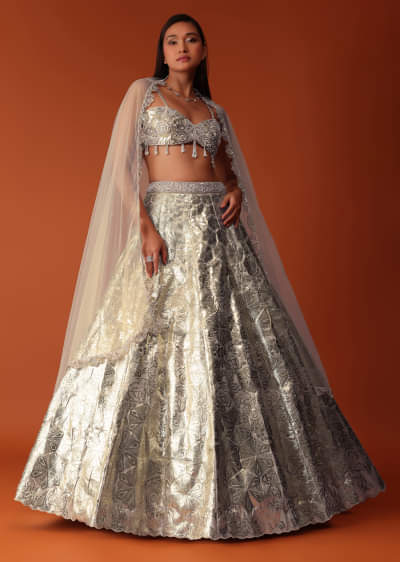 Gold Foil Embroidered Bridal Lehenga Set In Organza