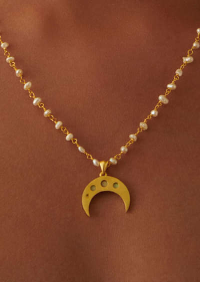 Gold Necklace With Crescent Pendant And Pearl Chain