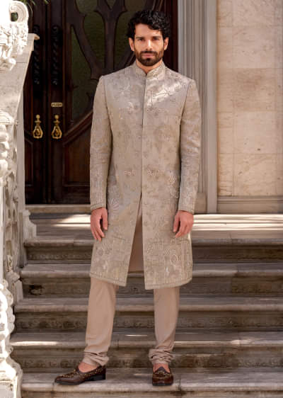Gold Tissue Sherwani For Groom With Intricate Zardosi Work