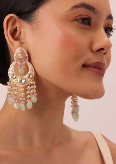Gold Tone Kundan Chandbalis With Multi Bead Danglings