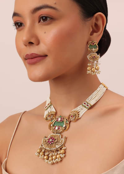 Gold Tone Temple Long Necklace Set With Meenakari And Pearls 